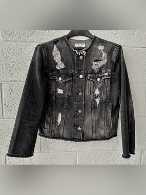 Frame Denim Black Distressed Cropped Jean Jacket